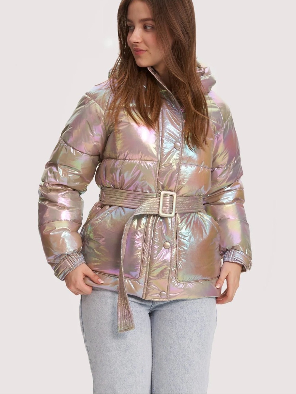 Noize Iridescent Belted Puffer Jacket
